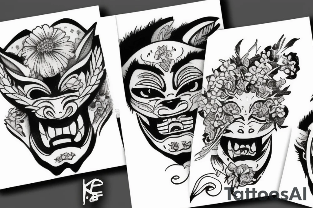 Oni mask and flowers tattoo idea
