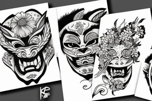 Oni mask and flowers tattoo idea
