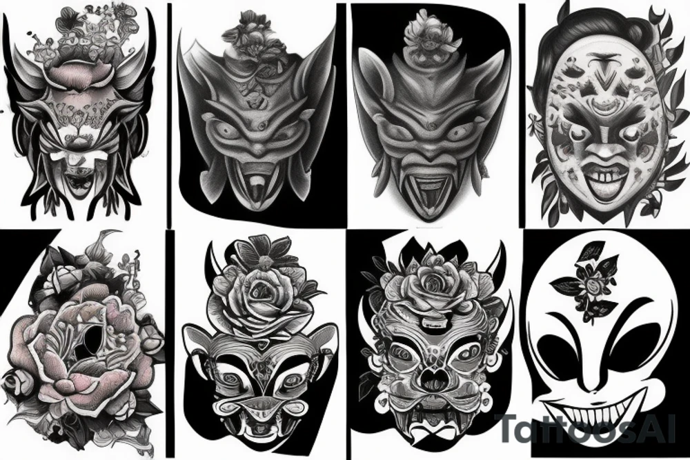 Oni mask and flowers tattoo idea