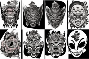 Oni mask and flowers tattoo idea