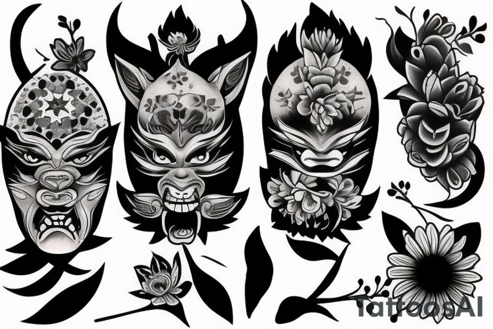 Oni mask and flowers tattoo idea