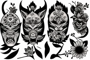 Oni mask and flowers tattoo idea