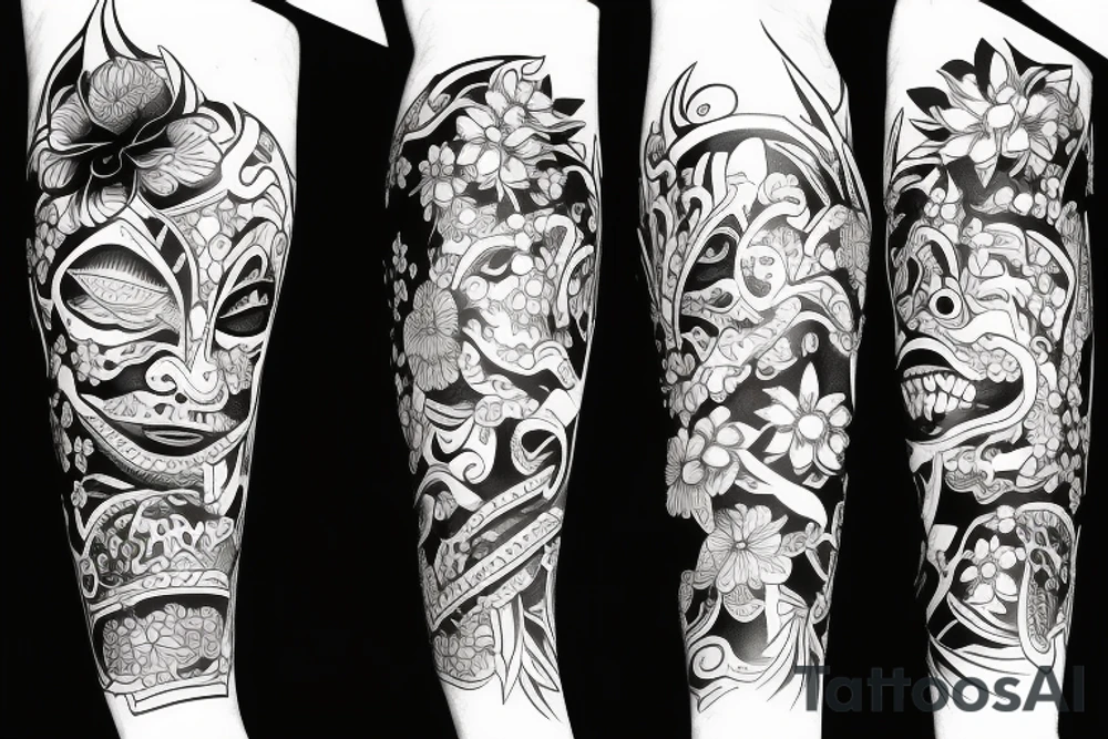 Oni mask and flowers tattoo idea