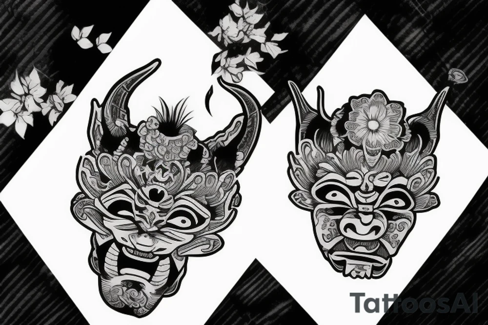 Oni mask and flowers tattoo idea