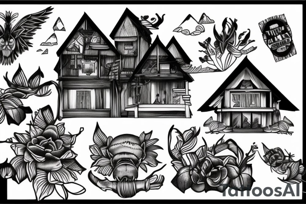 jappansese house with mountain rainforest tattoo idea