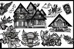 jappansese house with mountain rainforest tattoo idea