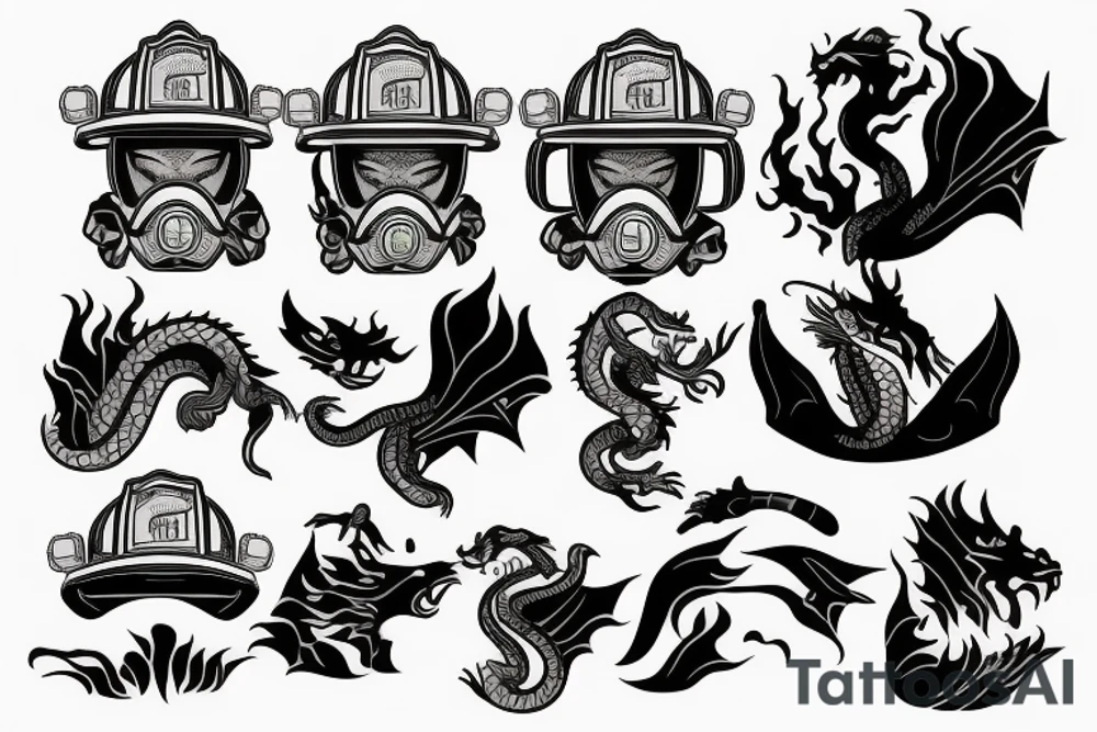 Firefighter scba mask with reflection of fire and fire breathing dragon sleeve tattoo idea
