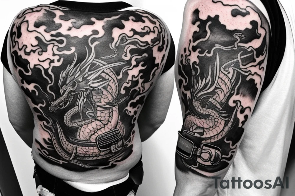 Firefighter scba mask with reflection of fire and fire breathing dragon sleeve tattoo idea