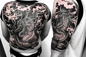 Firefighter scba mask with reflection of fire and fire breathing dragon sleeve tattoo idea
