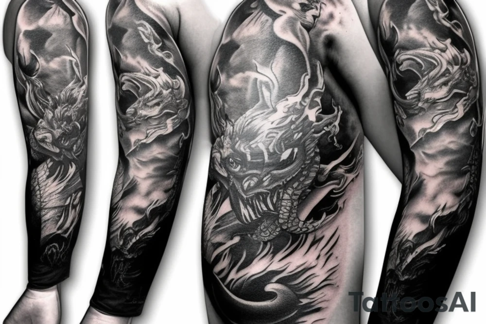 Firefighter scba mask with reflection of fire and fire breathing dragon sleeve tattoo idea