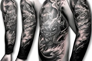Firefighter scba mask with reflection of fire and fire breathing dragon sleeve tattoo idea