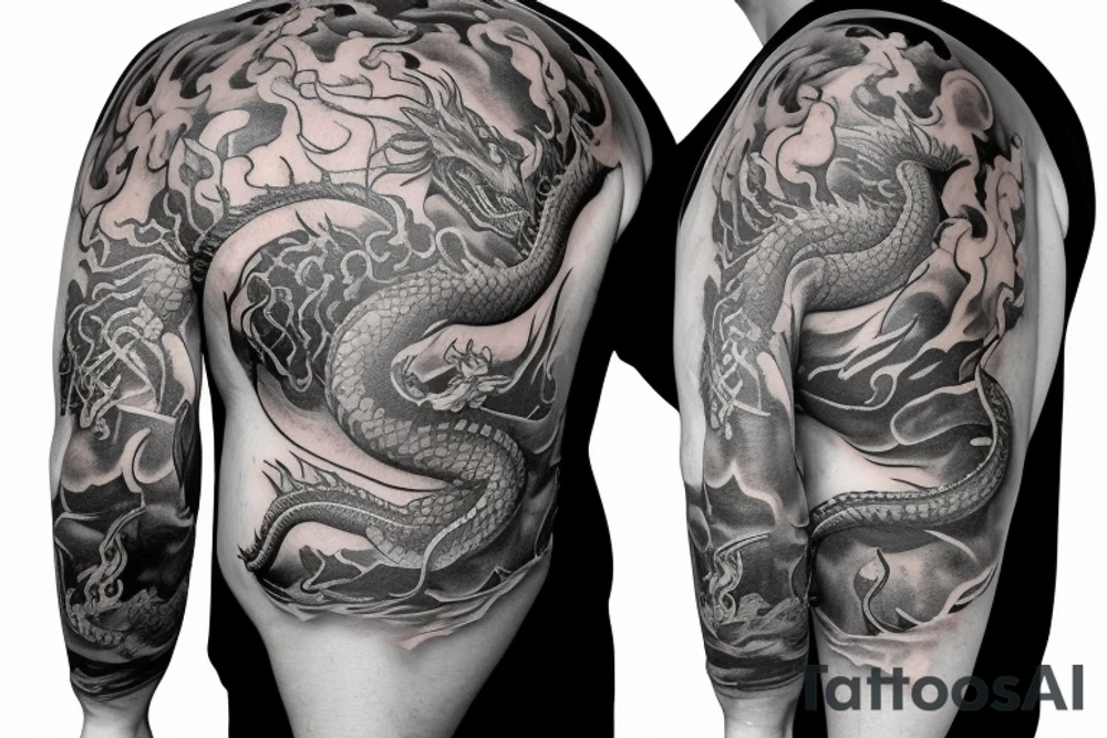 Firefighter scba mask with reflection of fire and fire breathing dragon sleeve tattoo idea