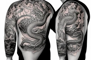 Firefighter scba mask with reflection of fire and fire breathing dragon sleeve tattoo idea