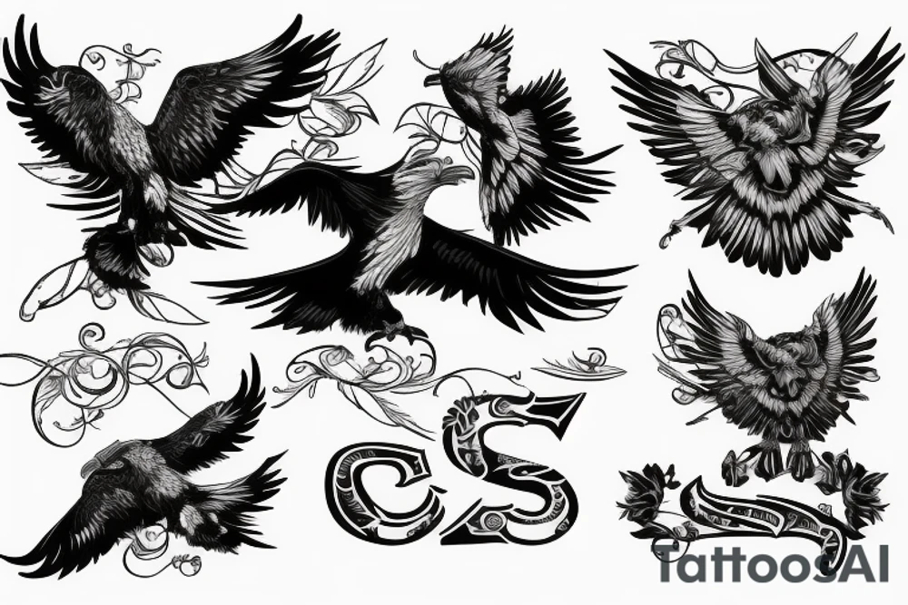 eagle with wings around the letters BMS with mountains in the background tattoo idea