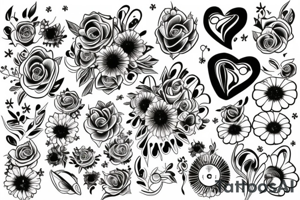 Girasol y saturno con corazones amarillos y morados tattoo idea