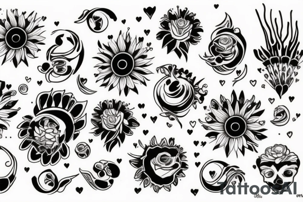 Girasol y saturno con corazones amarillos y morados tattoo idea