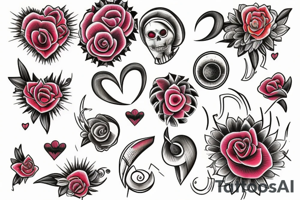 Girasol y saturno con corazones amarillos y morados tattoo idea