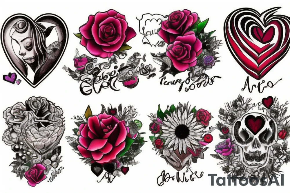 Girasol y saturno con corazones amarillos y morados tattoo idea