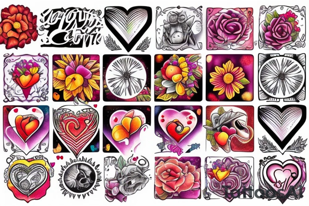 Girasol y saturno con corazones amarillos y morados tattoo idea