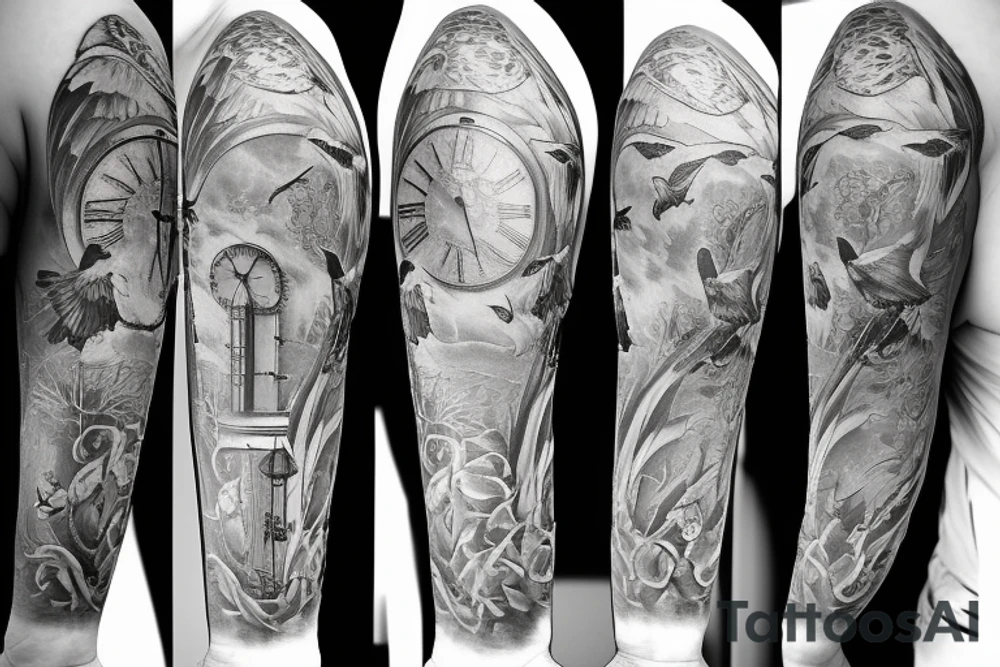 Grandfather clock with three doves tattoo idea
