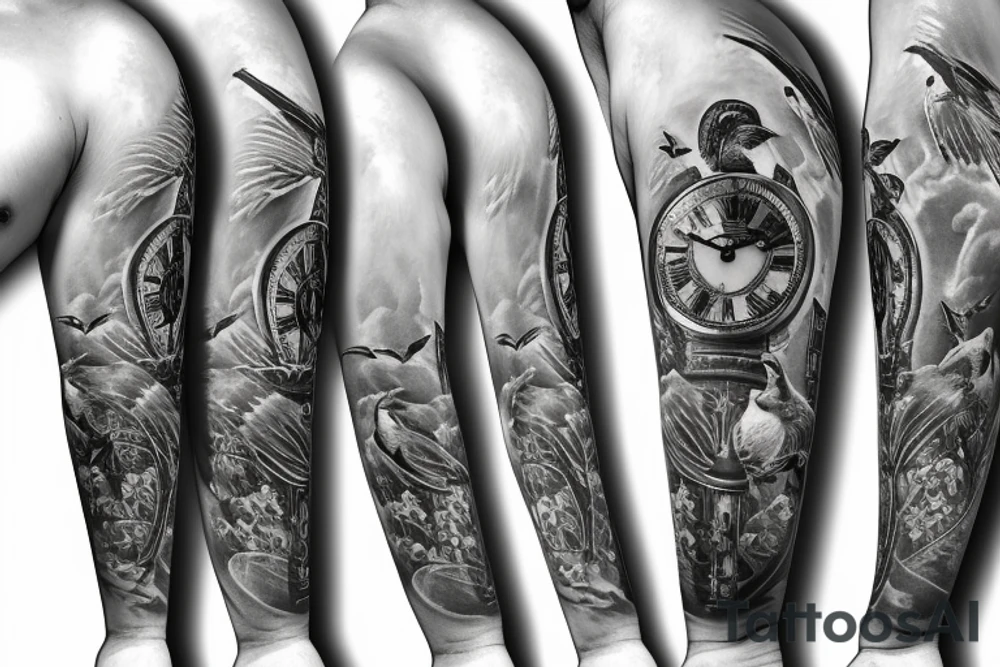 Grandfather clock with three doves tattoo idea