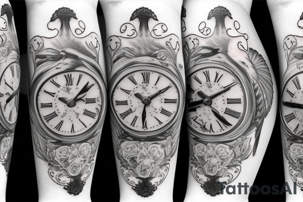 Grandfather clock with three white doves tattoo idea