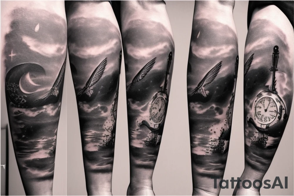 Grandfather clock with three white doves night sky tattoo idea