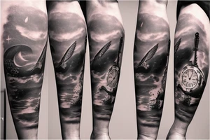 Grandfather clock with three white doves night sky tattoo idea