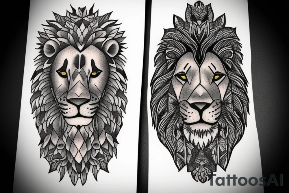 Lion with woman’s face in middle tattoo idea