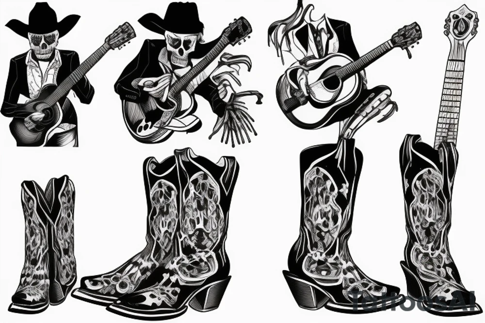 Skeleton playing a guitar wearing cowboy boots feeling down from everyday struggles tattoo idea