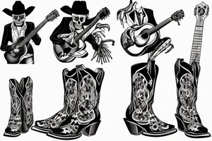 Skeleton playing a guitar wearing cowboy boots feeling down from everyday struggles tattoo idea