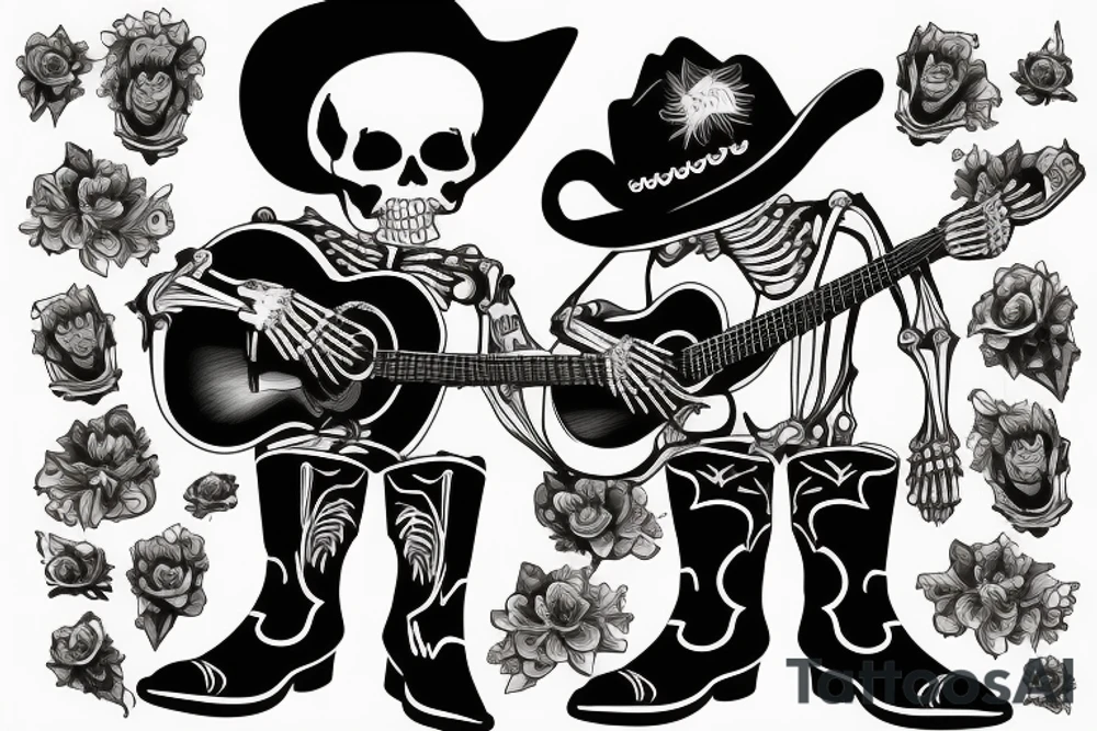 Skeleton playing a guitar wearing cowboy boots feeling down from everyday struggles tattoo idea