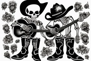Skeleton playing a guitar wearing cowboy boots feeling down from everyday struggles tattoo idea