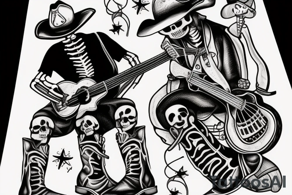 Skeleton playing a guitar wearing cowboy boots feeling down from everyday struggles tattoo idea