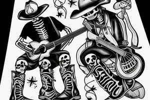 Skeleton playing a guitar wearing cowboy boots feeling down from everyday struggles tattoo idea