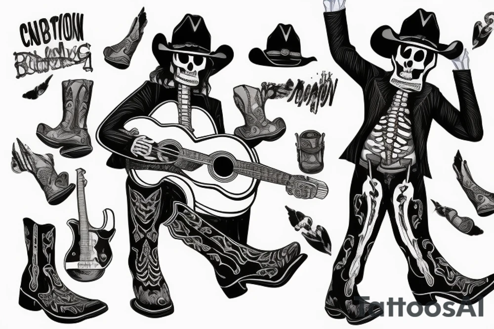 Skeleton playing a guitar wearing cowboy boots feeling down from everyday struggles tattoo idea