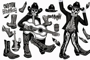 Skeleton playing a guitar wearing cowboy boots feeling down from everyday struggles tattoo idea