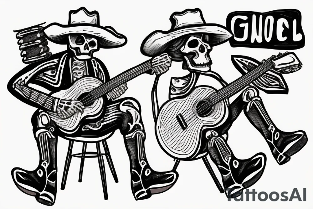 Skeleton playing a guitar wearing cowboy boots feeling down from everyday struggles tattoo idea