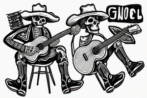 Skeleton playing a guitar wearing cowboy boots feeling down from everyday struggles tattoo idea
