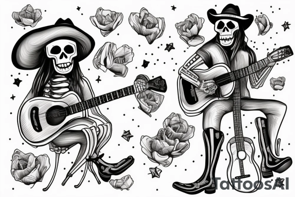 Skeleton playing a guitar wearing cowboy boots feeling down from everyday struggles tattoo idea
