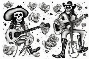 Skeleton playing a guitar wearing cowboy boots feeling down from everyday struggles tattoo idea