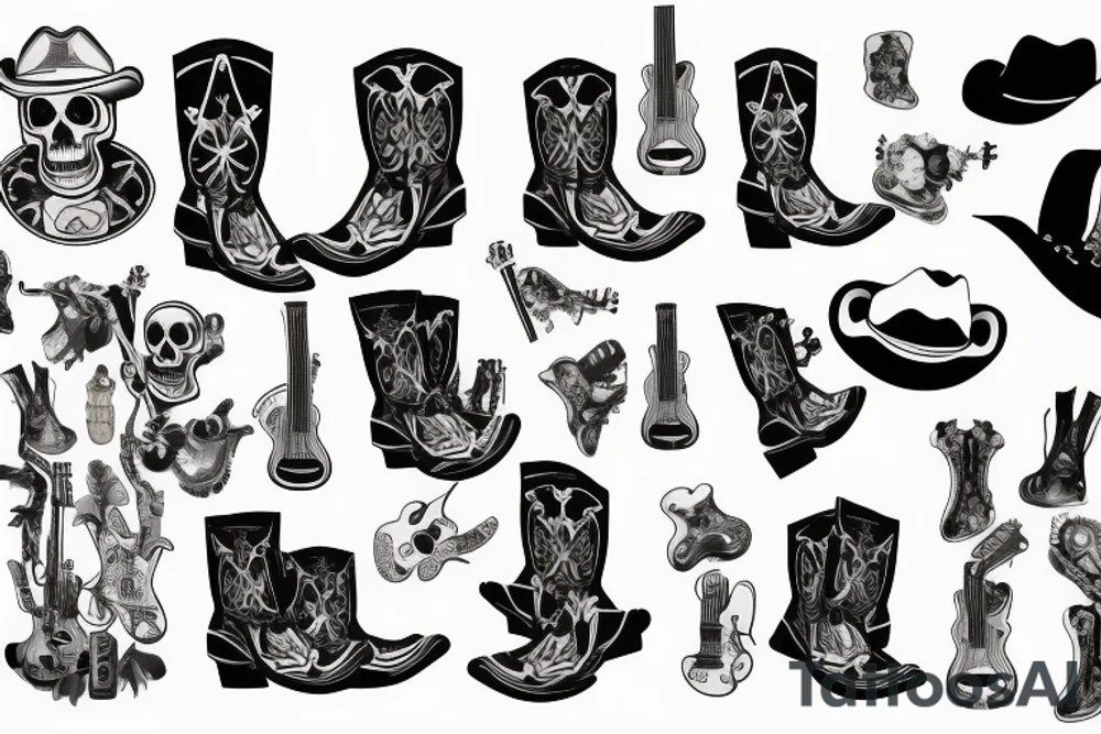 Skeleton playing a guitar wearing cowboy boots tattoo idea
