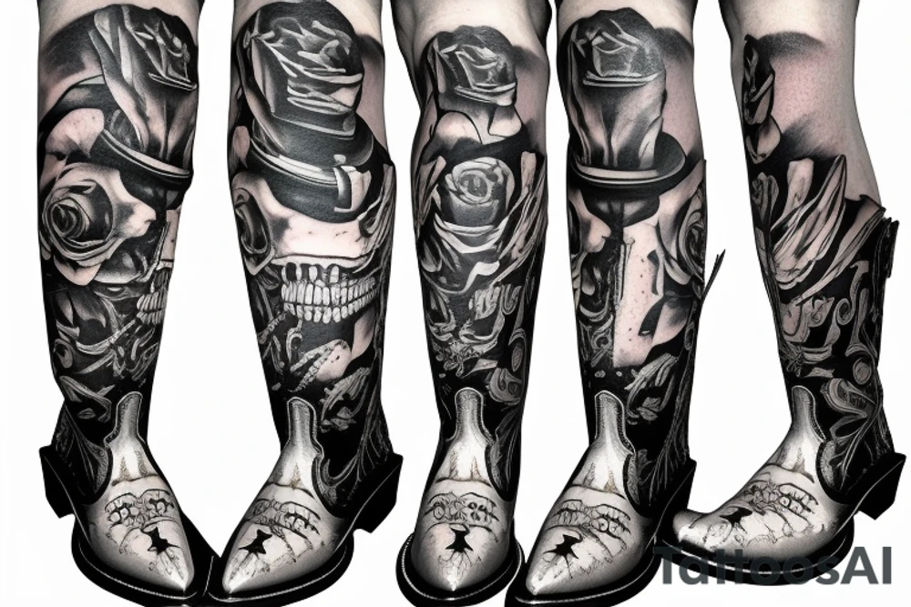 Skeleton playing a guitar wearing cowboy boots tattoo idea