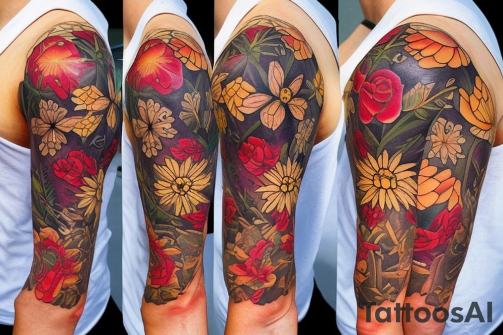 Floral half sleeve with a compass tattoo idea