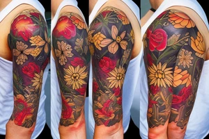 Floral half sleeve with a compass tattoo idea