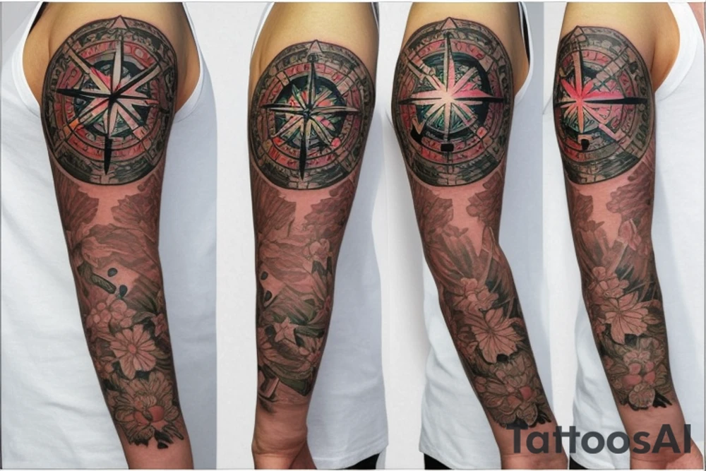 Floral half sleeve with a compass tattoo idea