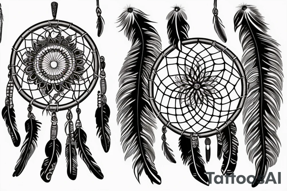 Traditional American inspired dreamcatcher design, with feathers, beads and feathers in a harmonious color scheme. tattoo idea