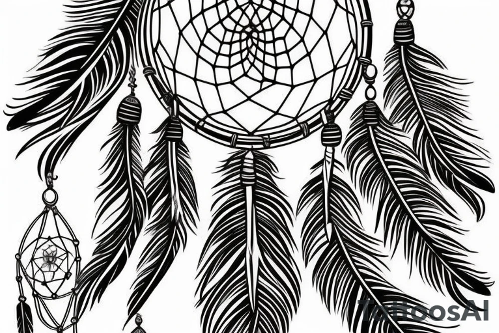 Traditional American inspired dreamcatcher design, with feathers, beads and feathers in a harmonious color scheme. tattoo idea