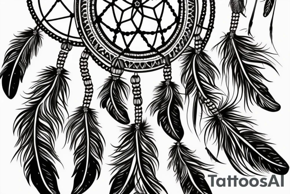 Traditional American inspired dreamcatcher design, with feathers, beads and feathers in a harmonious color scheme. tattoo idea