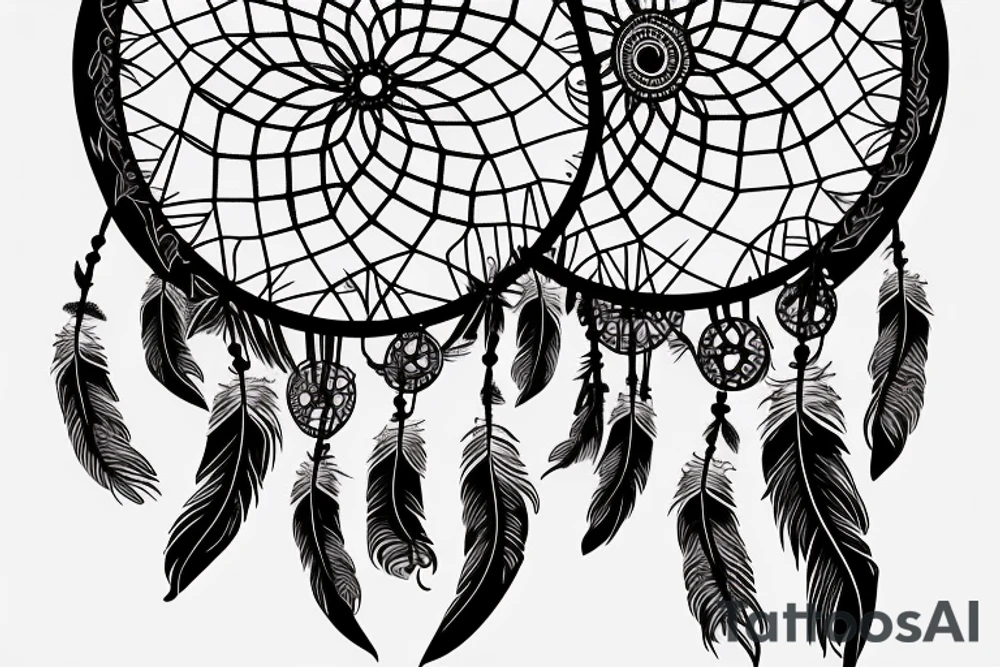 Traditional American inspired dreamcatcher design, with feathers, beads and feathers in a harmonious color scheme. tattoo idea